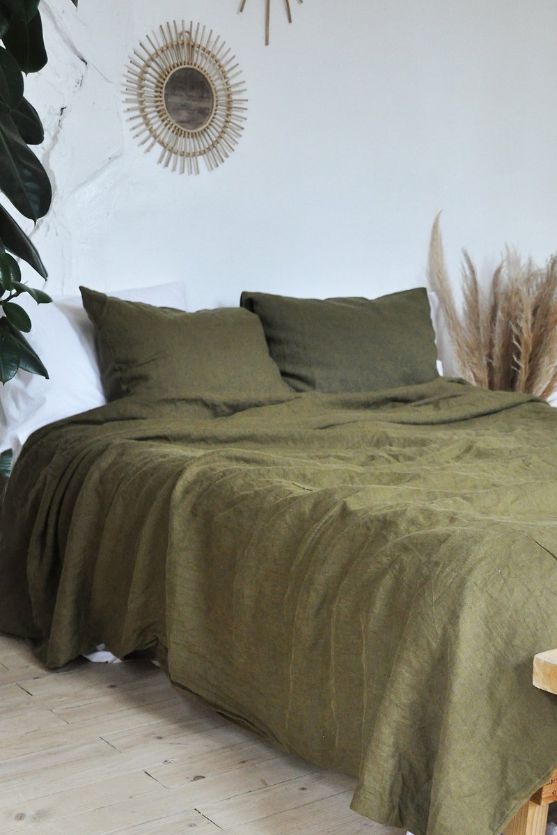 Dark olive linen sheet set / Flat+fitted sheet+2 pillowcases/Green bedding - เครื่องนอน - ลินิน สีเขียว