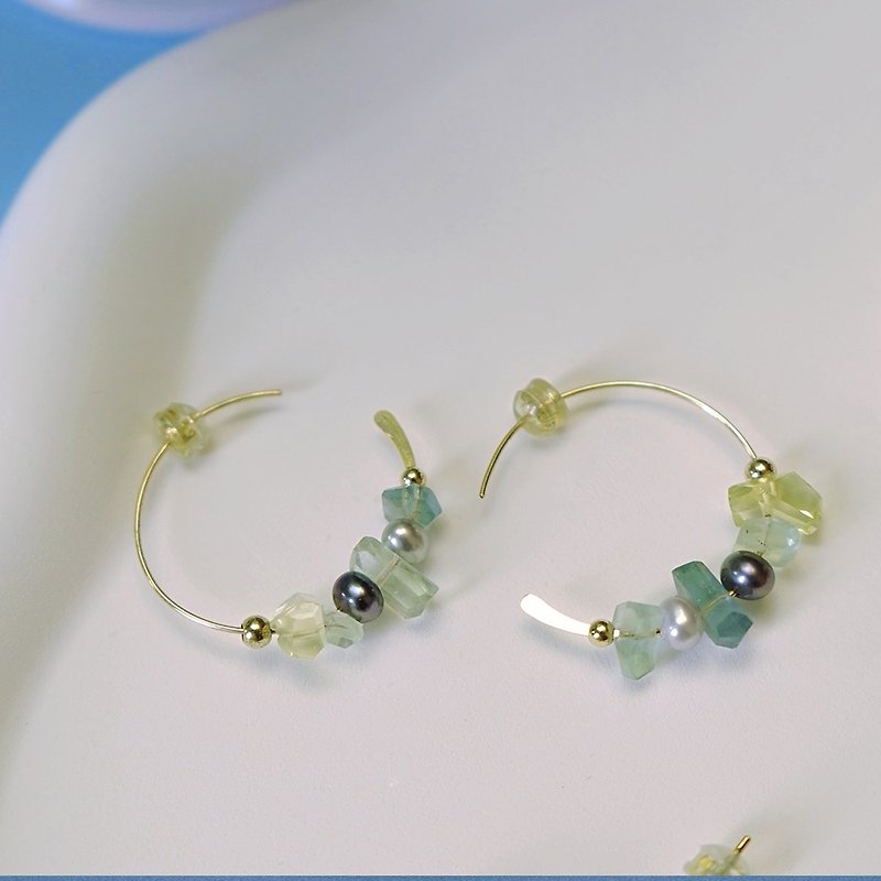 Natural Lemon Crystal Black Pearl Natural Stone Handmade Big C Shape Earrings - Earrings & Clip-ons - Crystal Green
