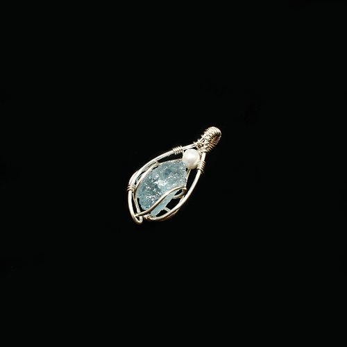 鉍元素 SBI 【水晶系列】海藍寶原礦 綴高品質淡水珍珠 銅纏繞墜飾 5
