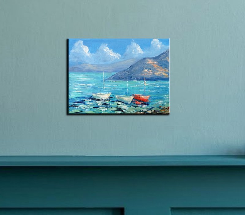 海 船 裝飾畫  油畫 空間裝飾 夏日 掛畫 小畫 風景掛畫 - 掛牆畫/海報 - 其他材質 藍色