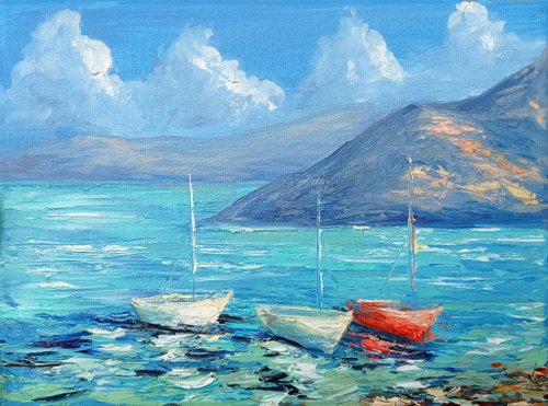 風景画 日本画 木製フレーム 船と海の風景 絵画 木製フレーム 約40cm x 30cm