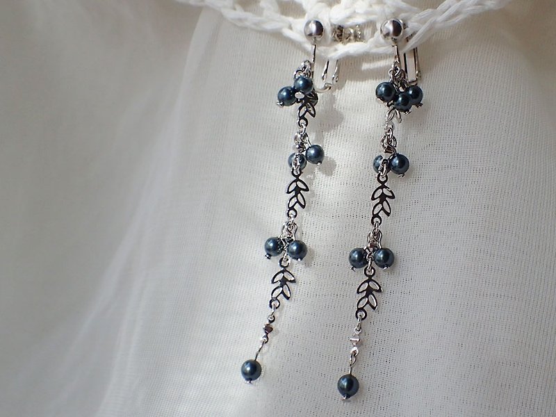 花草風　水晶珍珠　施華洛世奇元素　夾式 耳環 (一對) - 耳環/耳夾 - 玻璃 藍色