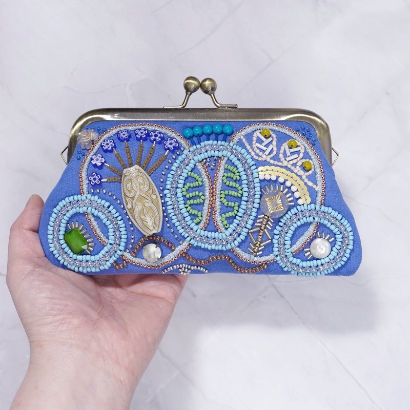 珠飾刺繡零錢包 No.7 藍色 紗布材質 無內袋 可放卡片 手工刺繡 獨一無二 適合送禮 - 化妝袋/收納袋 - 棉．麻 藍色