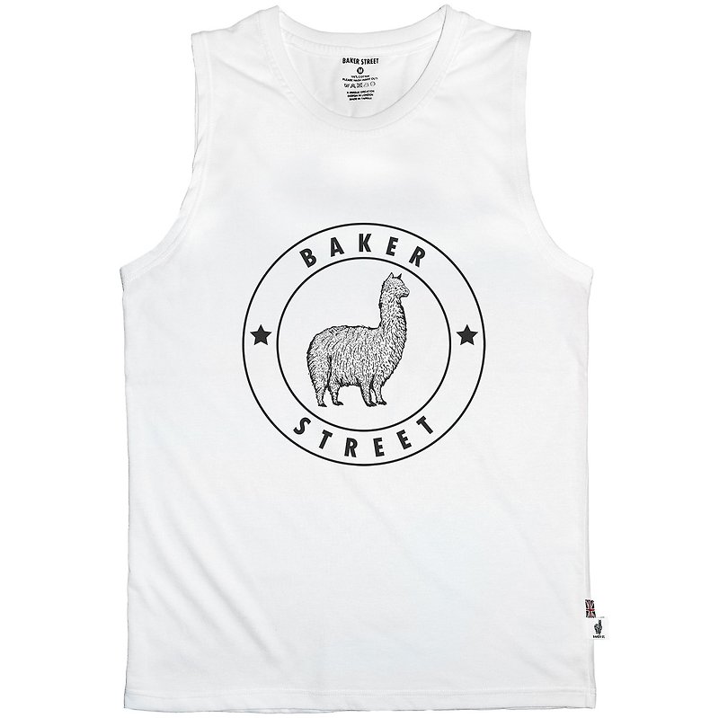 British Fashion Brand -Baker Street- Alpaca Stamp Printed Tank Top - เสื้อกั๊กผู้ชาย - ผ้าฝ้าย/ผ้าลินิน ขาว