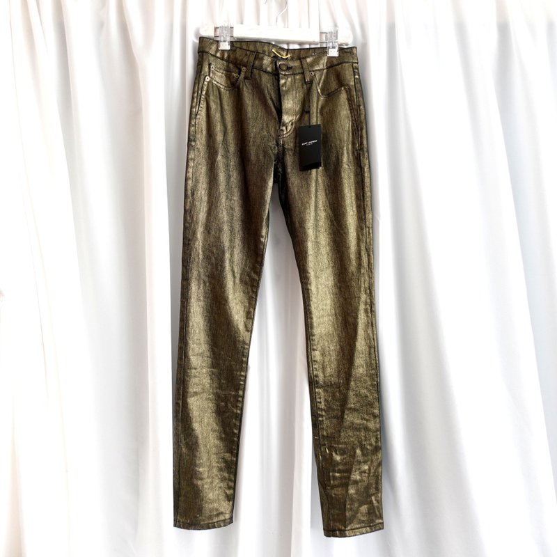 全新 法國名牌YSL Saint Laurent金漆幻彩色純棉質窄腳黑色牛仔褲 - 中性長褲/短褲 - 真皮 金色
