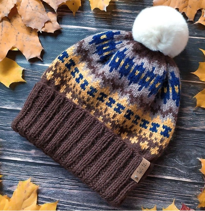 Warm handmade knitted hat/ Brown pompom hat/ Winter accessory - Hats & Caps - Other Materials Brown