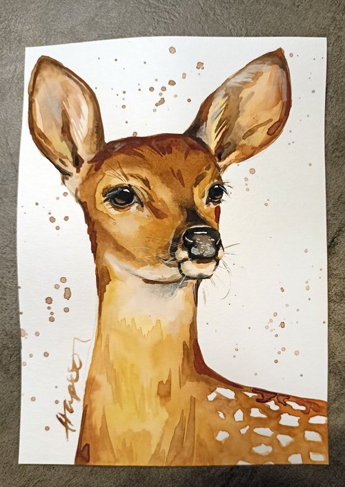 水彩画「鹿」 水彩画「鹿」 水彩画 白樺林に鹿 絵画 makochin 通販 14696122