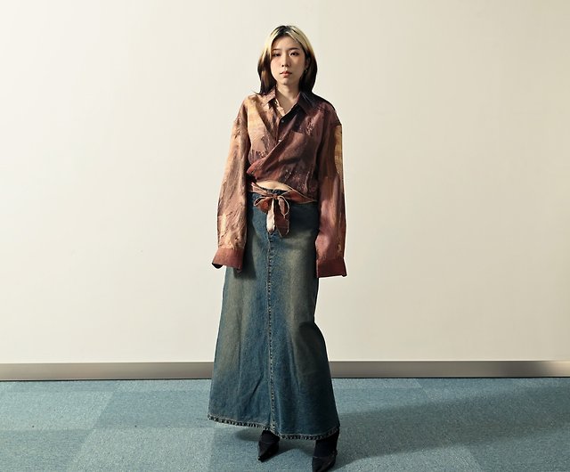 NaSuBi Vintage】起毛カラーデザインのAラインデニムヴィンテージロングスカート - ショップ NaSuBi Vinatage スカート -  Pinkoi