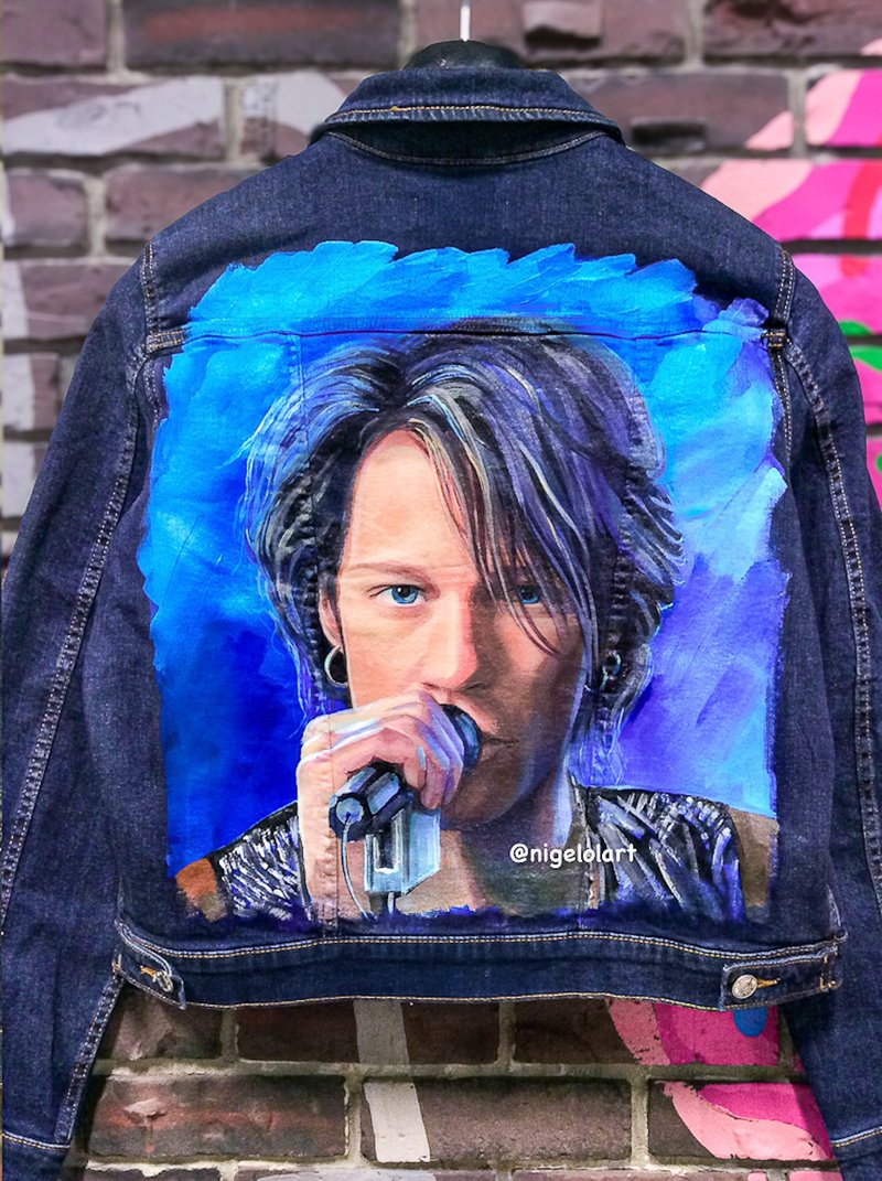 Painted Denim Jacket Jon Bon Jovi personalized order Handmade Custom gift - 女大衣/外套 - 棉．麻 多色