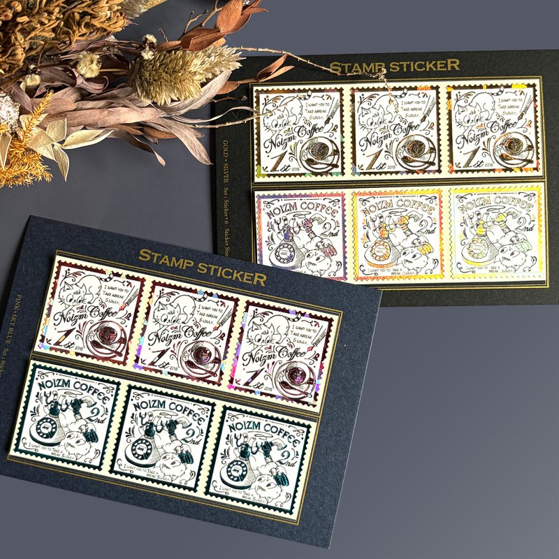 001_Foil stamp stickers_喫茶店猫たち箔切手シール - 貼紙 - 紙 金色