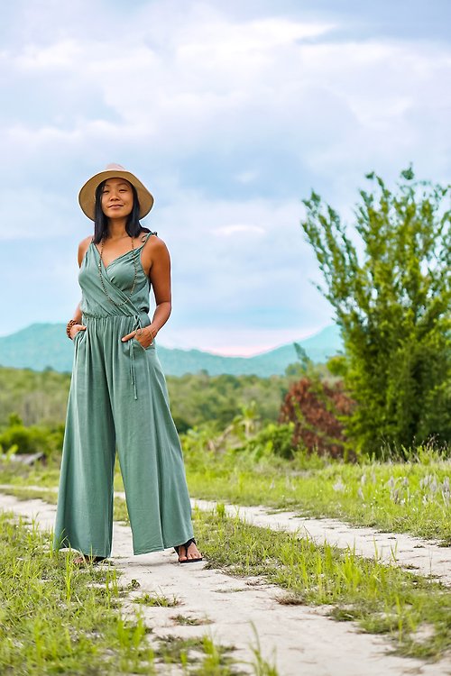 Earthernwear Green wrap cotton jumpsuit for women. Casual wide leg overall for summer.