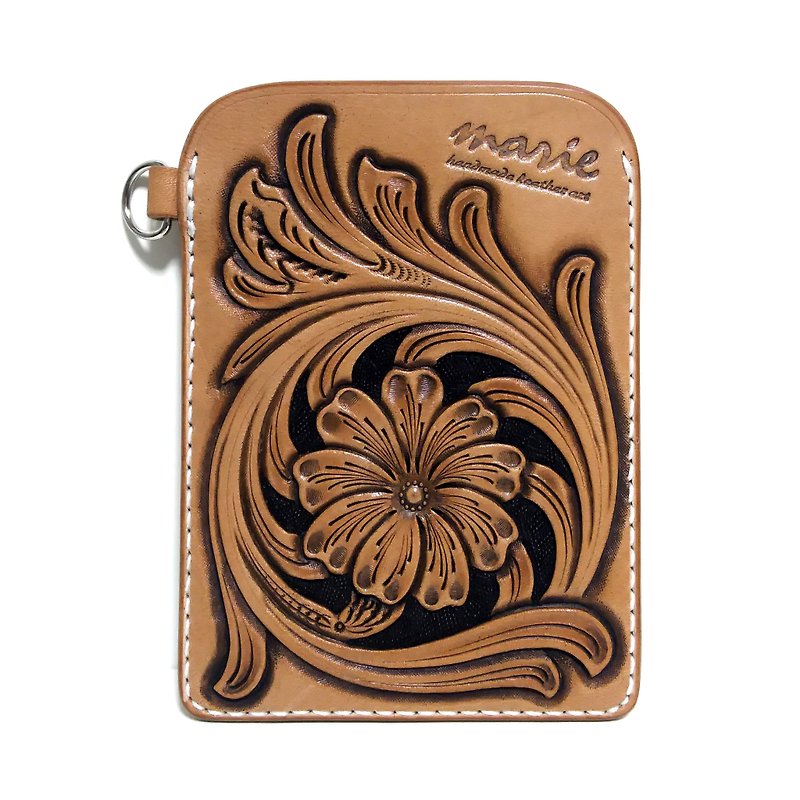 Leather pass case / Sheridan style / Leather carving / Leather case - ที่ใส่บัตรคล้องคอ - หนังแท้ สีนำ้ตาล