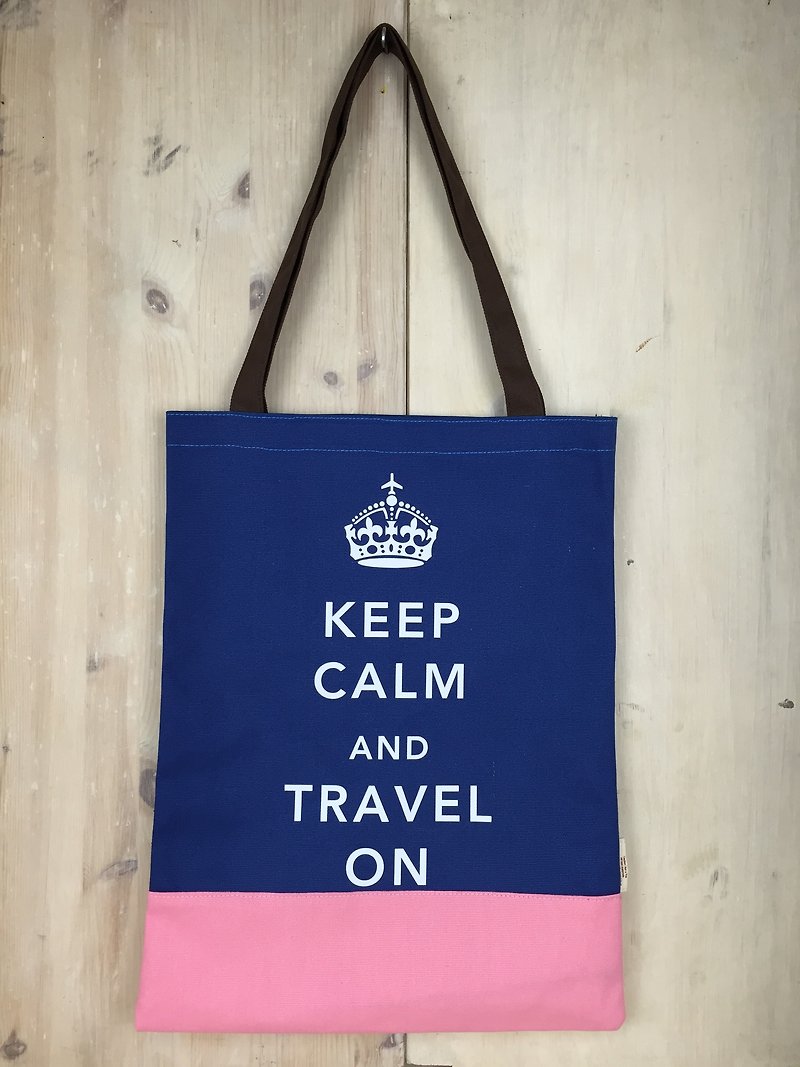 Keep Calm & Travel On Book Tote - Navy Blue - Pink - Messenger Bags & Sling Bags - Cotton & Hemp Blue