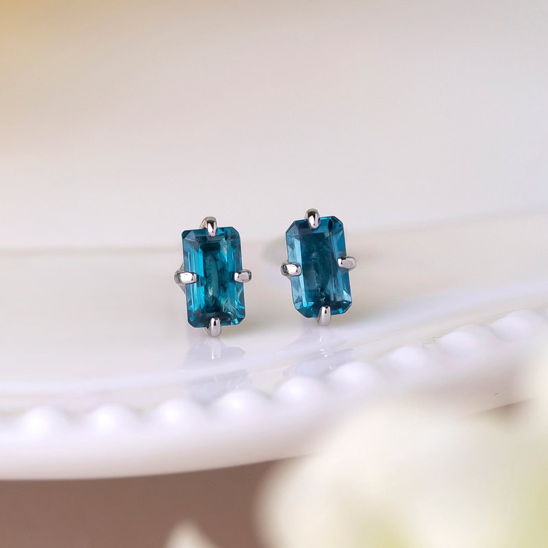 【Second Earrings】 鉑金八角形切割倫敦藍托帕石耳環 - 耳環/耳夾/耳骨夾 - 貴金屬 