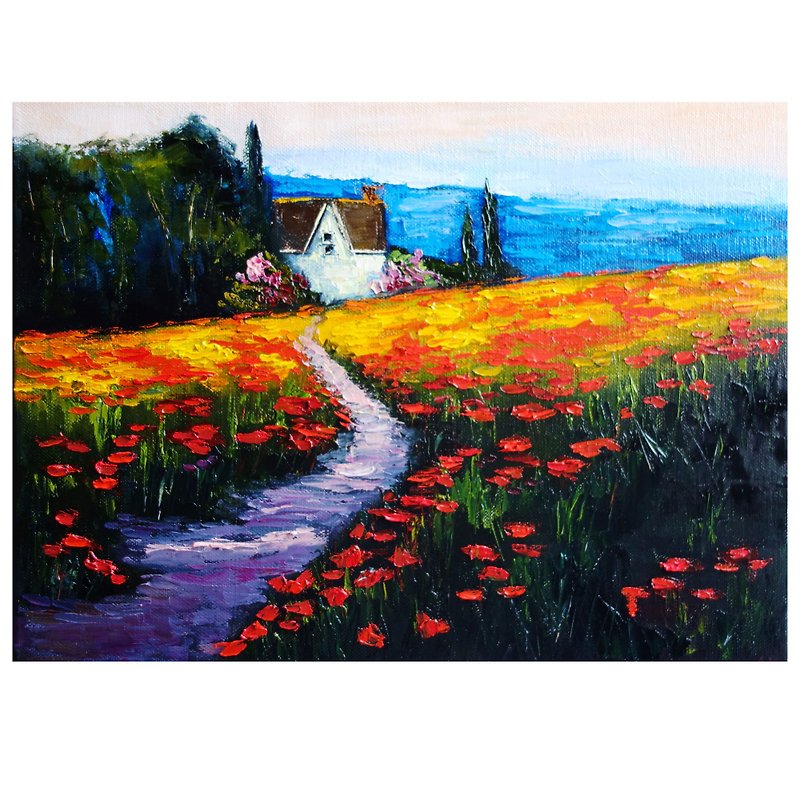 Tuscany Field Painting Oil Landscape Original Art Red Poppies Flowers Artwork - โปสเตอร์ - วัสดุอื่นๆ หลากหลายสี