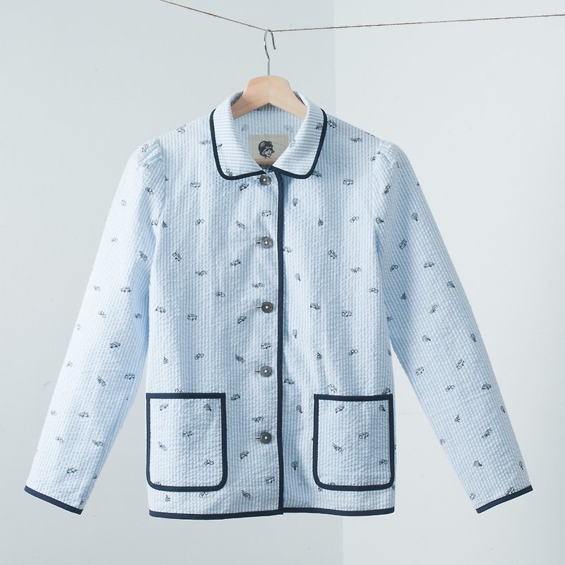 SYNDROme "Terra" Jacket - 純棉印花泡泡紗夾克 - 女大衣/外套 - 棉．麻 藍色