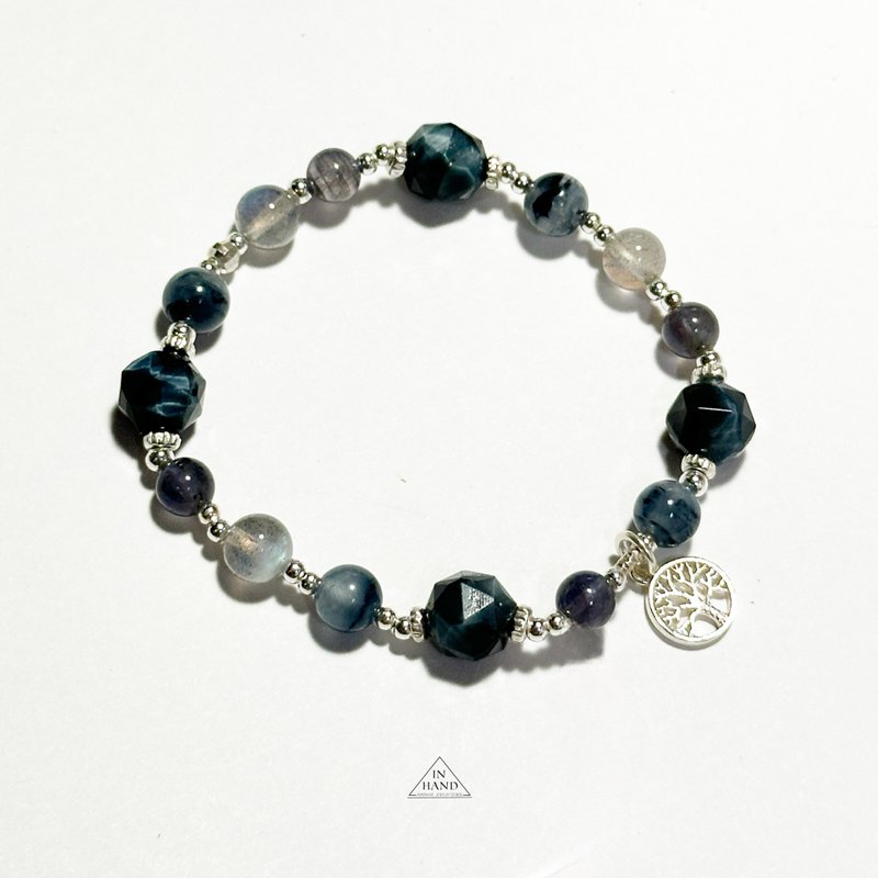 Misty Blue Forest - Blue Tiger's Eye, Grey Blue Rutilated Quartz, Iolite, Labradorite - Sterling Silver Designer Bracelet - Bracelets - Crystal Blue