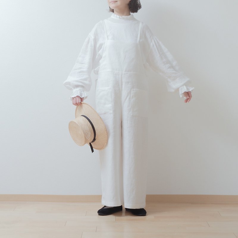 Loose and cute overalls wide pants - Linen/Off-white - Overalls & Jumpsuits - Cotton & Hemp White