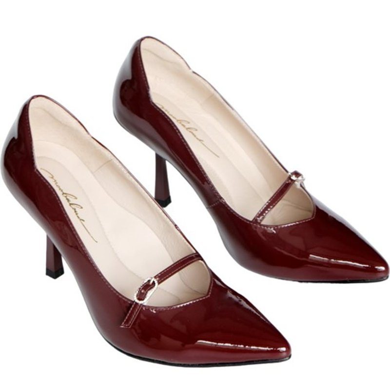 Heel Revolution 8.5cm Small Diamond Thin Square Root High Heels—French Burgundy - รองเท้าส้นสูง - หนังแท้ สีแดง