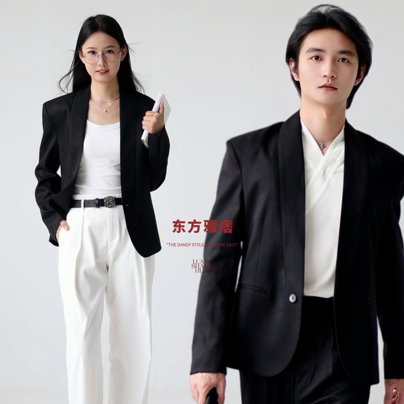 Luanshanhun Chinese style yuppie original design glossy black double-breasted formal wear textured commuter jacket daily spring and summer - Men's Coats & Jackets - Polyester Black