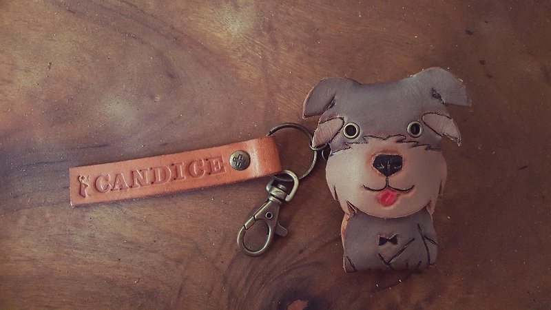 Cute Schnauzer dog leather key ring - can be lettering - ที่ห้อยกุญแจ - หนังแท้ สีเทา