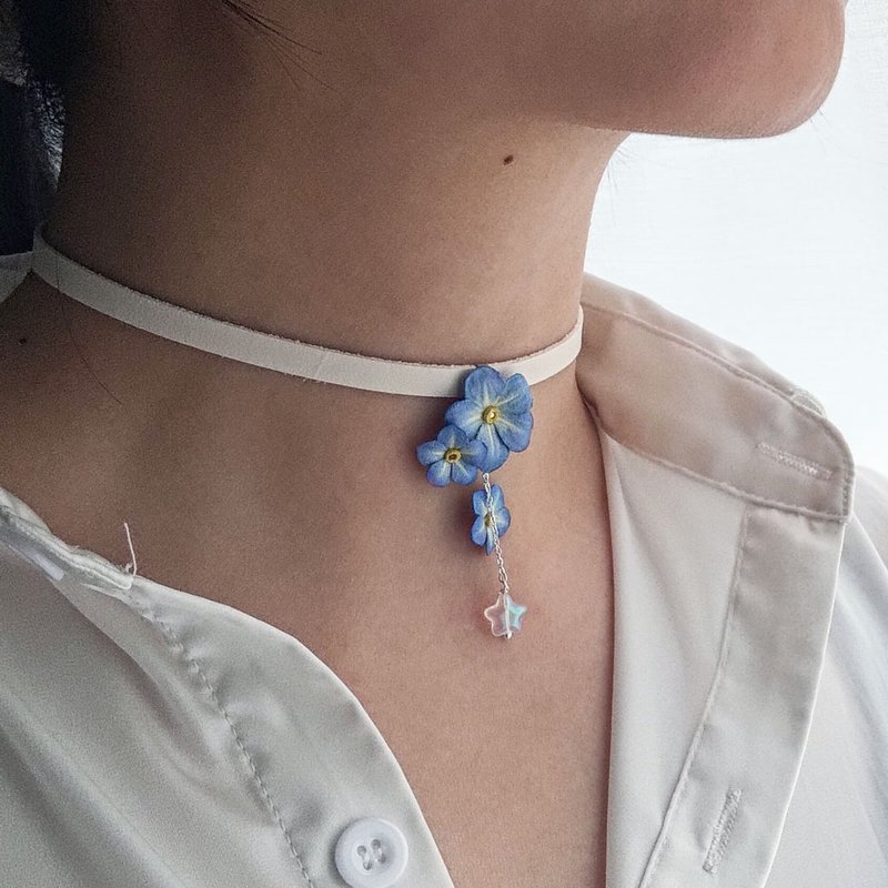 皮革工藝 勿忘我 頸鍊 choker - 頸鏈 - 真皮 藍色