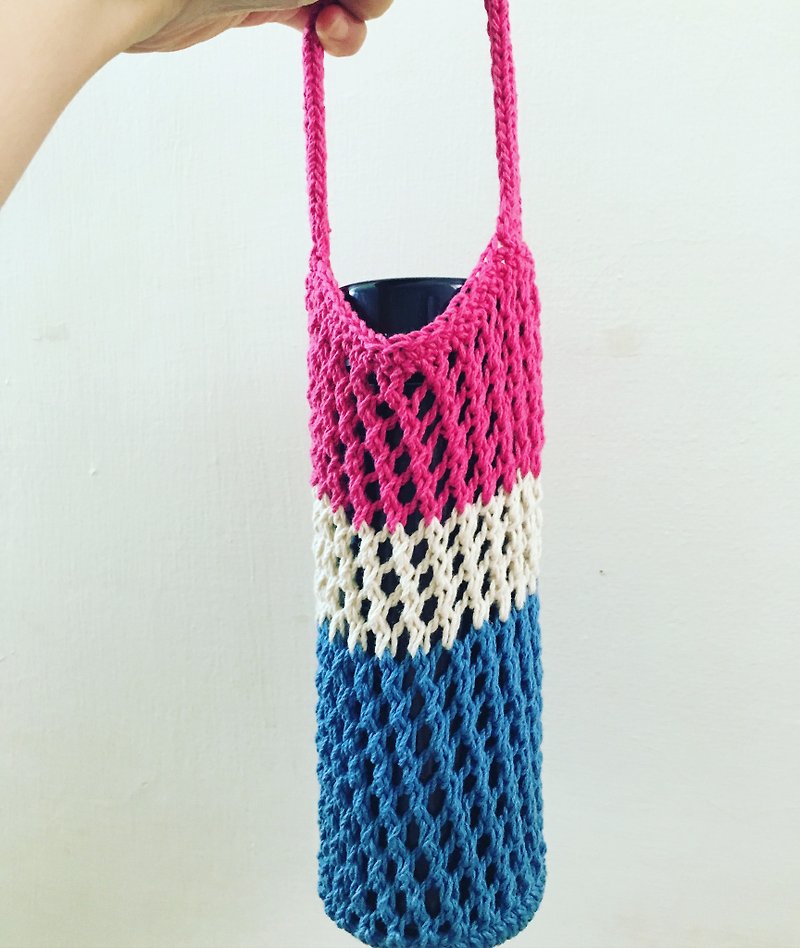 Mesh braided kettle bag / drink bag (pink*white*sky blue) - Beverage Holders & Bags - Cotton & Hemp 