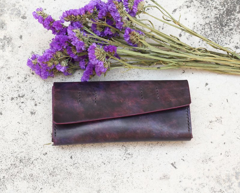 Accordion vegetable tanned leather long wallet - Little green -Black Currant - กระเป๋าสตางค์ - หนังแท้ สีม่วง