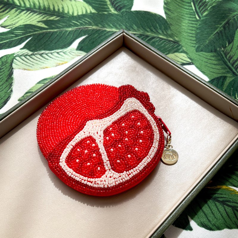 手工串珠零錢包 / 捷運卡包 - 石榴 - 零錢包/小錢包 - 棉．麻 紅色