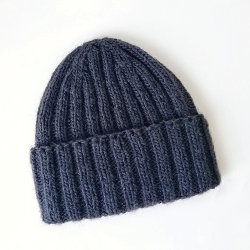 Hand-Knitted Dark Blue Men's Warm Winter Beanie - Cozy Alpaca-Merino Wool Hat. - Hats & Caps - Wool Blue