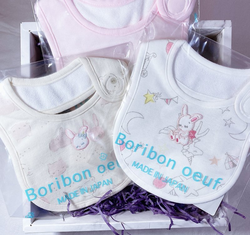 日本Boribon oeuf 不挑款三件組口水巾禮盒 (含禮盒與提袋) - 彌月禮盒 - 棉．麻 白色
