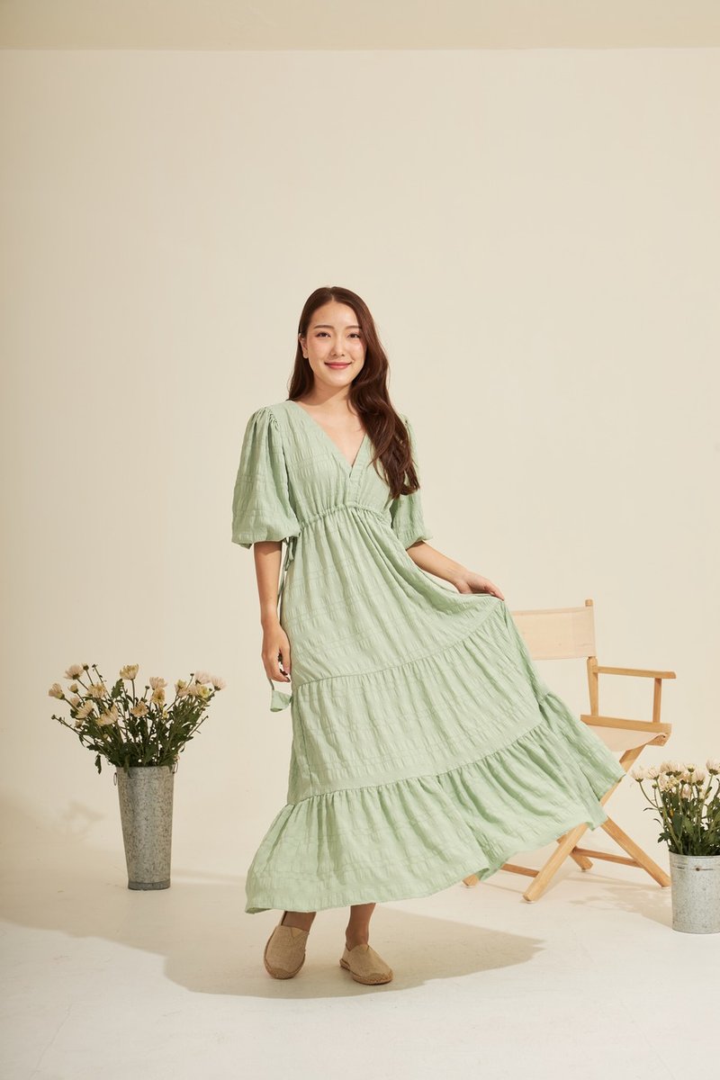 TUAIFU - flowy fabric ruffle dress (mint) - ชุดเดรส - ผ้าฝ้าย/ผ้าลินิน สีเขียว