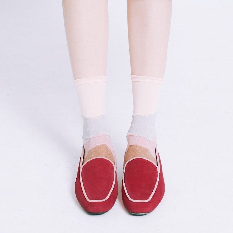 Light mousse feels! Velvet piping small square head shoes red full leather - Women's Casual Shoes - Genuine Leather Red