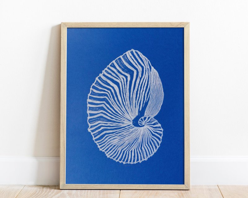 Linocut Print Abstract Sea Shell Original Relief Artwork Nautical Wall Art Decor - Wall Décor - Paper Blue