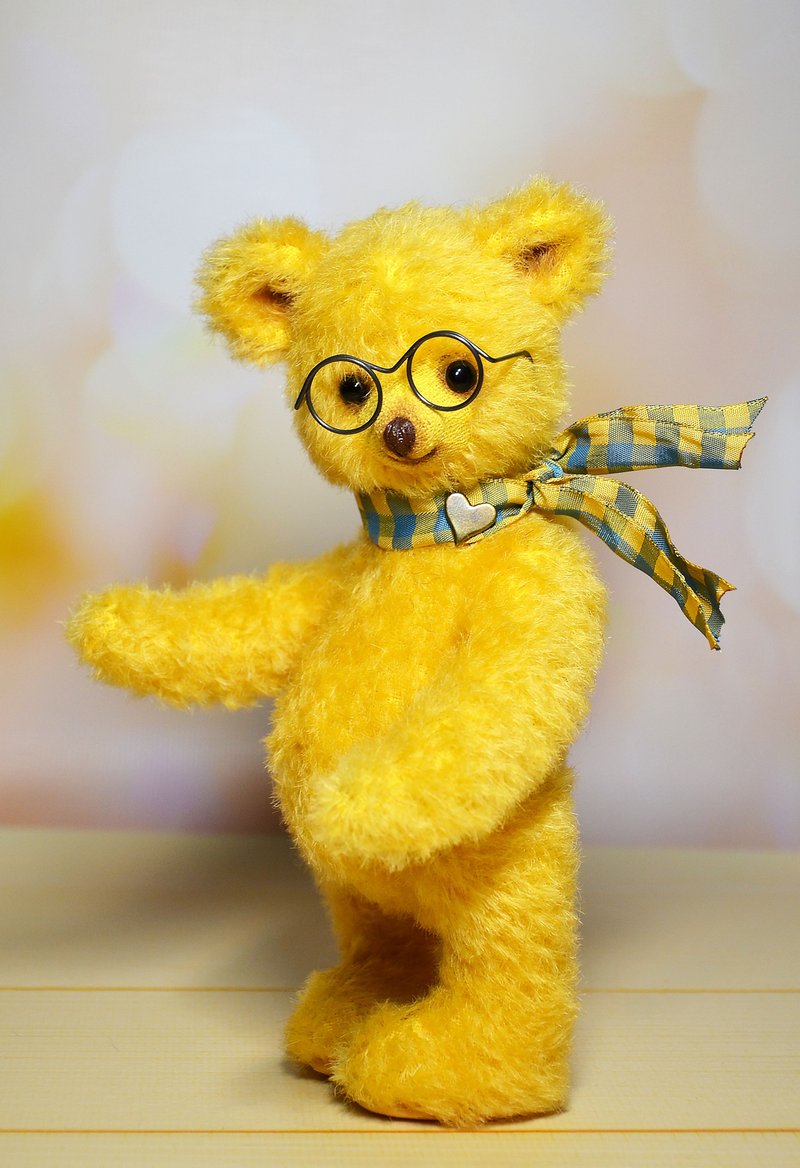 Vintage mohair teddy bear yellow memory bear artist teddy bear toy - 玩偶/公仔 - 其他材質 黃色