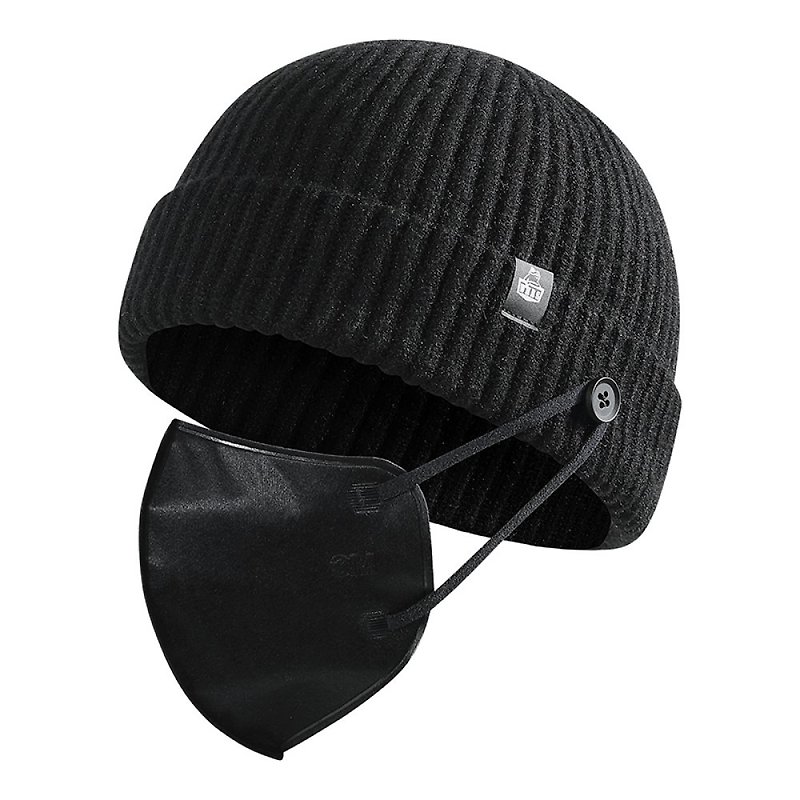 Functional wool knitted cold hat curling dome cotton hat mask auxiliary hanging ear cold hat - Hats & Caps - Cotton & Hemp Black