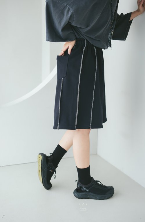 小我私服 ALLGENDER 粗線條棉質五分褲 - 2色 - 粗線藍