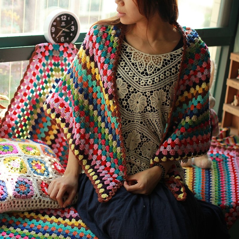 手工鉤花毛線毯沙發毯休閒毯三角披肩圍巾#19色彩虹披肩 - 其他 - 棉．麻 