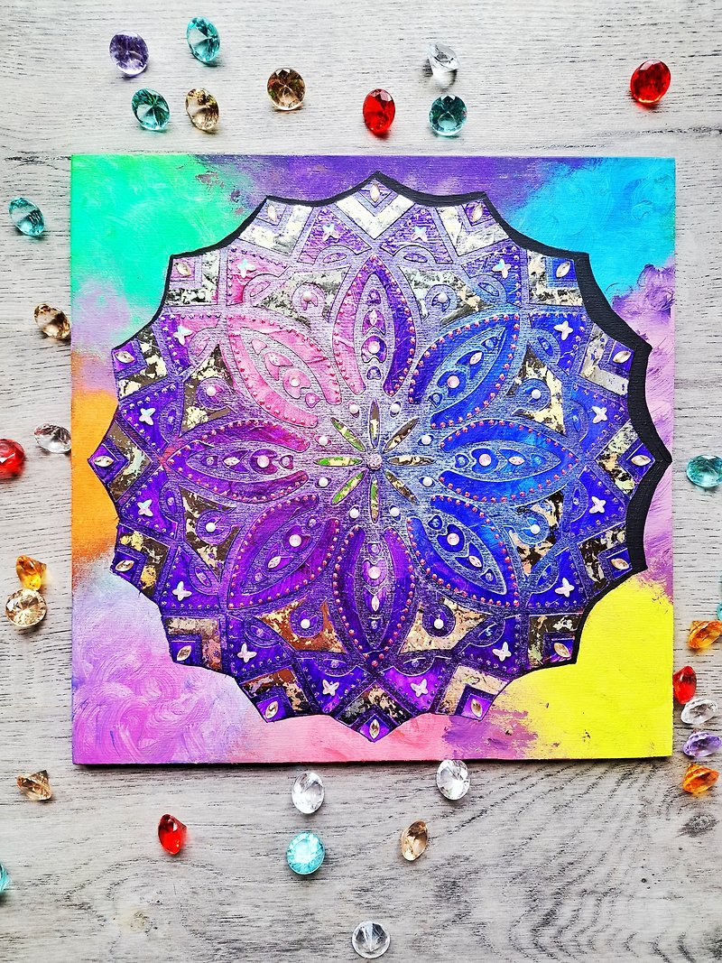 Mandala of Wisdom and Good Fortune Textured vedic painting on plywood meditation - Wall Décor - Wood Purple