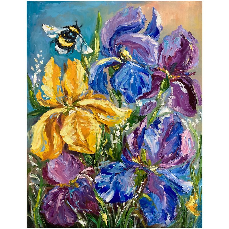 Irises flowers and bee oil original painting/wall art/painting - Wall Décor - Other Materials 
