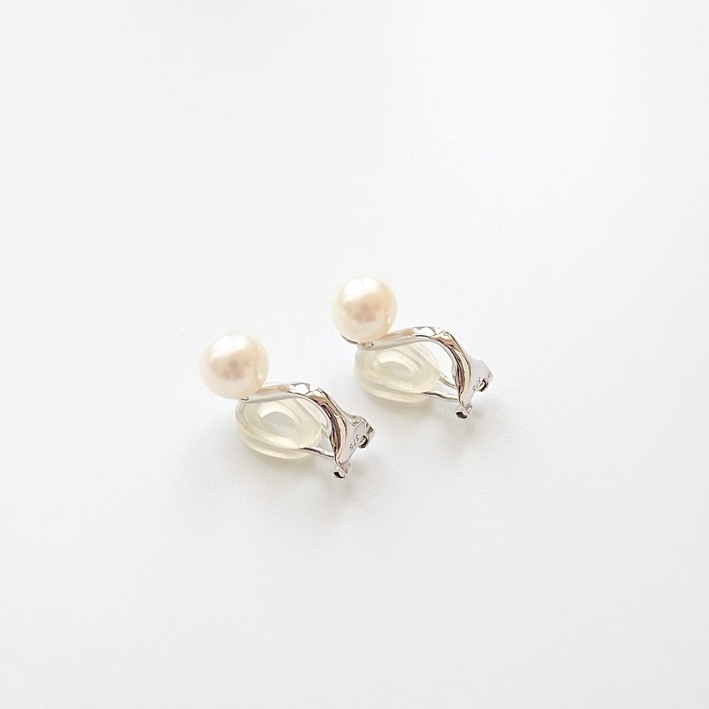 純 9K 白金優質淡水珍珠低痛感夾式耳環 6.5-7 mm - 耳環/耳夾 - 珍珠 銀色