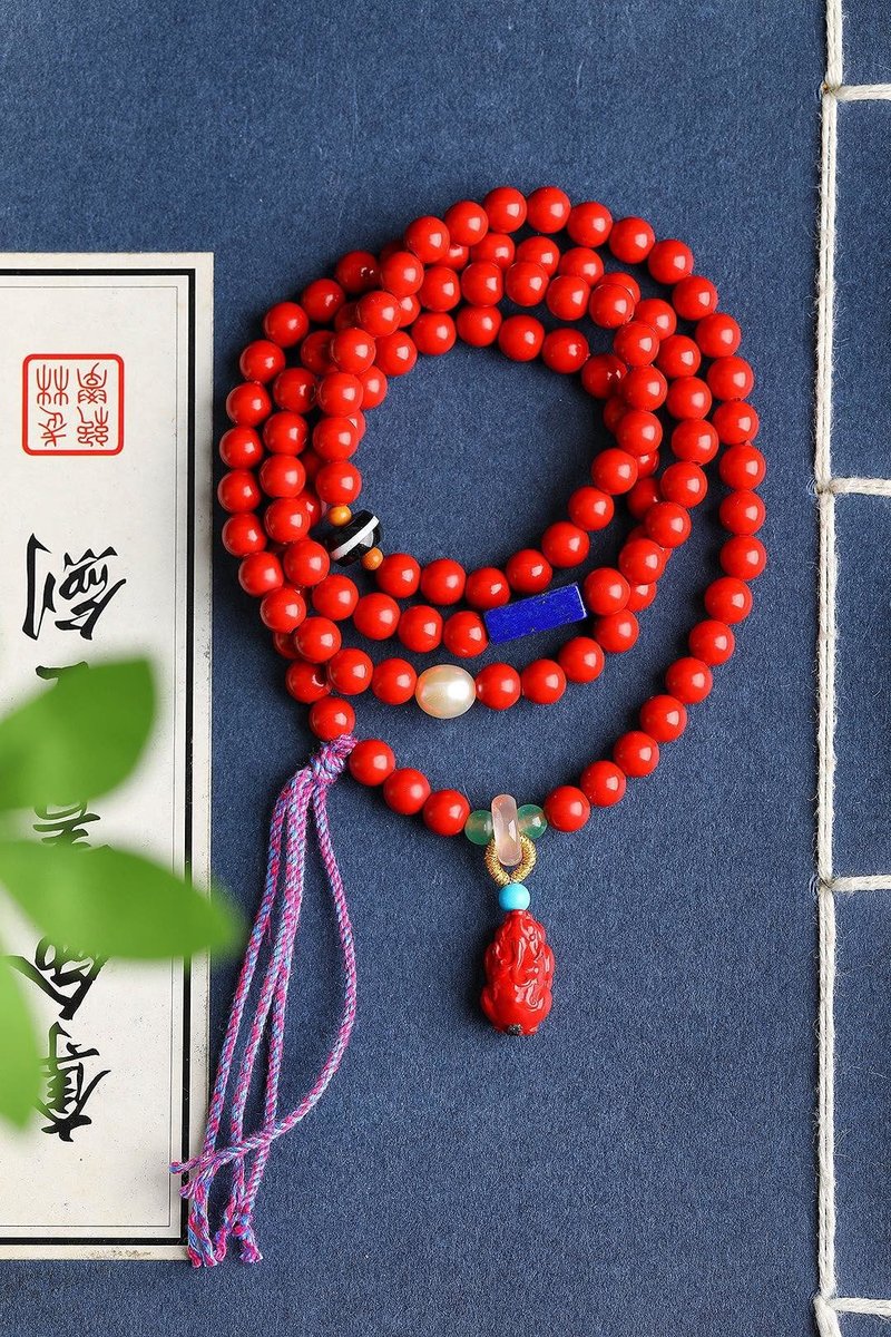 天然原礦硃砂精品紅砂108顆佛珠手鏈 、項鏈兩用款 規格6mm - 手鍊/手環 - 寶石 