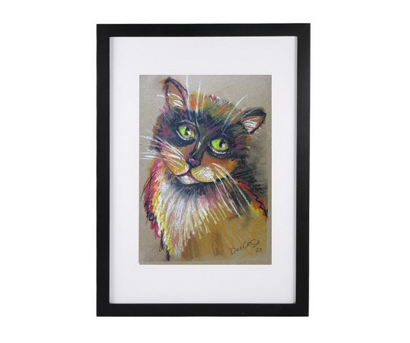 Original oil pastels drawing Stray Cat Portrait on toned paper wall decoration - ตกแต่งผนัง - กระดาษ หลากหลายสี