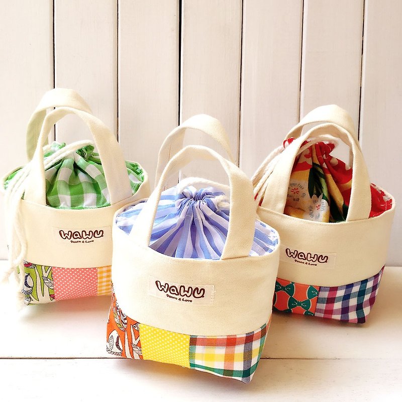 WaWu Mini Drawstring handbag(In the forest picnic - Orange) - Beverage Holders & Bags - Cotton & Hemp White