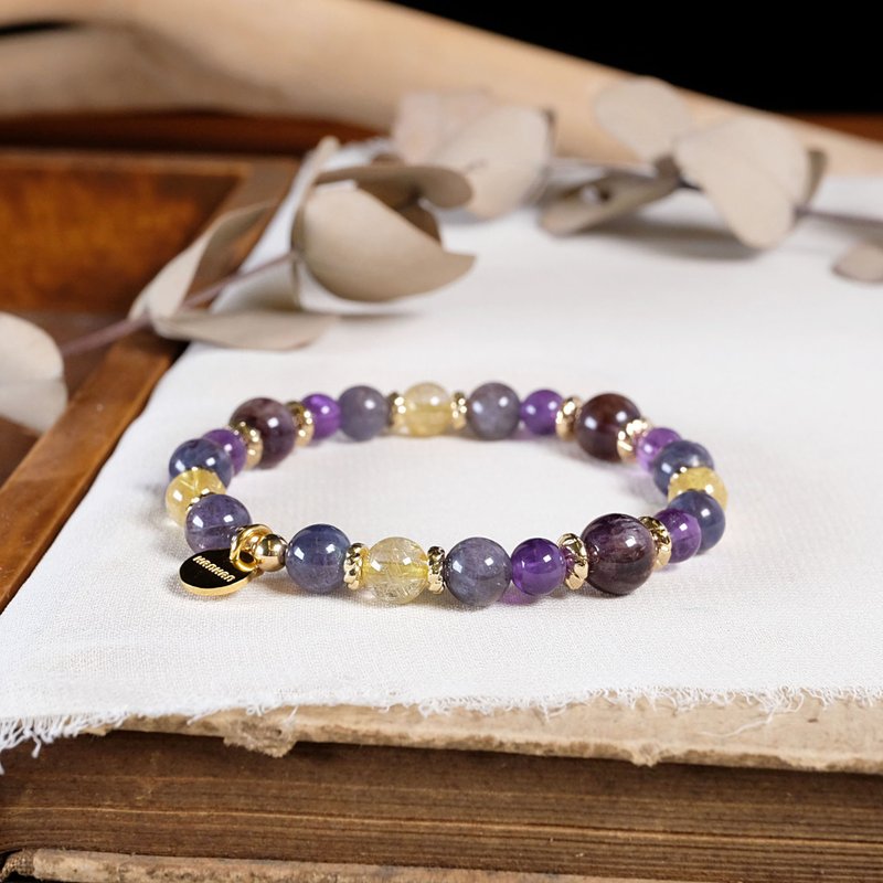 紫鈦晶 血滴堇青石 金髮晶 紫水晶 手鍊 天然礦石水晶 - 手鍊/手環 - 寶石 紫色