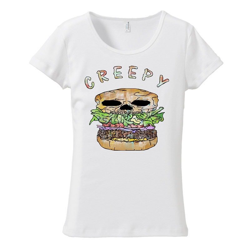 [Women's T-shirt] Creepy hamburger - เสื้อยืดผู้หญิง - ผ้าฝ้าย/ผ้าลินิน ขาว
