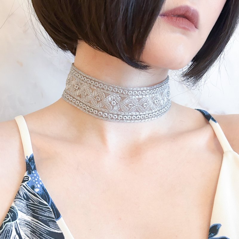 In a Sentimental Mood/Gray Indian Embroidered Ribbon Choker SV630 - Chokers - Other Man-Made Fibers Gray