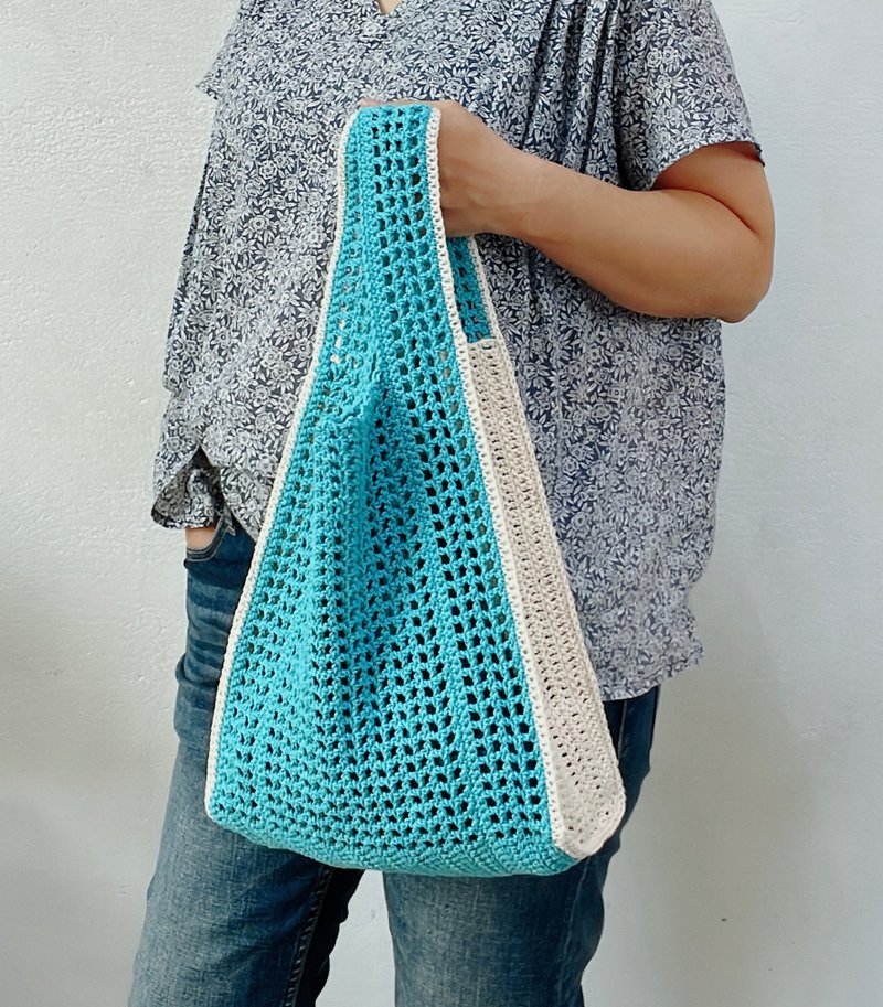 Grocery Wind Mesh Bag Pure Cotton Handbag Blue + White - กระเป๋าถือ - ผ้าฝ้าย/ผ้าลินิน 