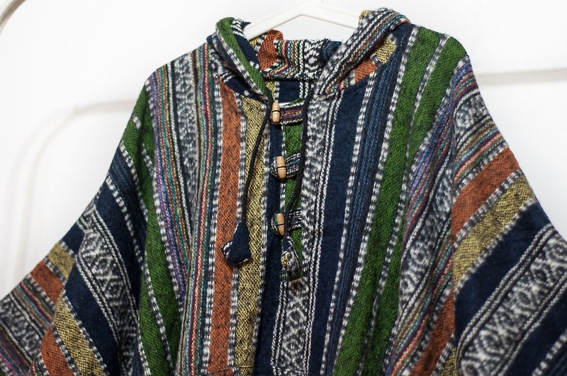 Indian Ethnic Fringe Cape / Bohemian Cape Cape / Wool Hooded Cloak - Green Morocco - Knit Scarves & Wraps - Cotton & Hemp Multicolor