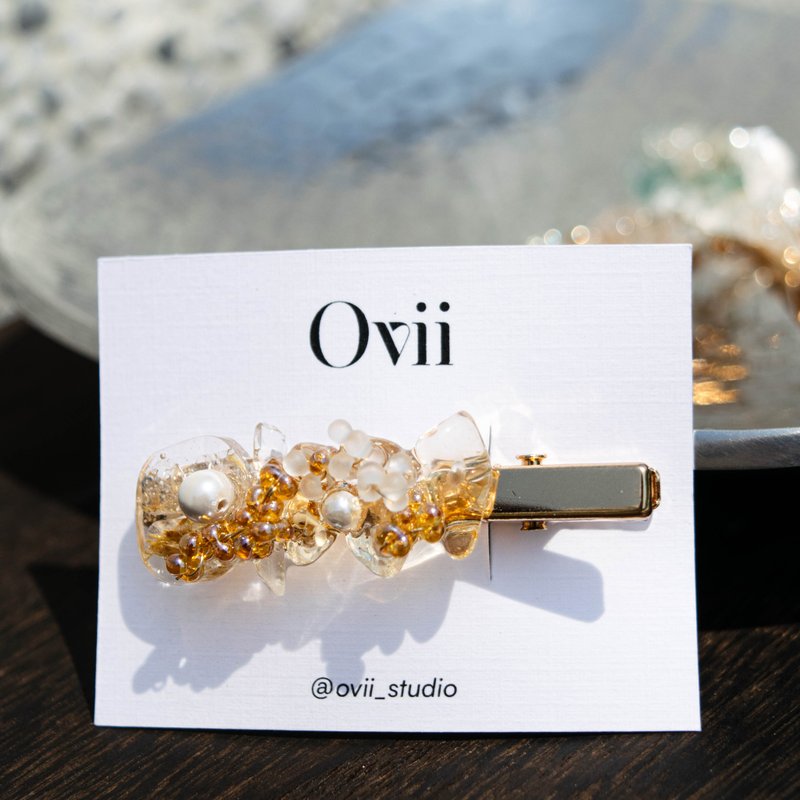 光波流影・天然水晶髮夾 X 黃水晶 手作設計 - 髮圈/髮夾 - 水晶 金色